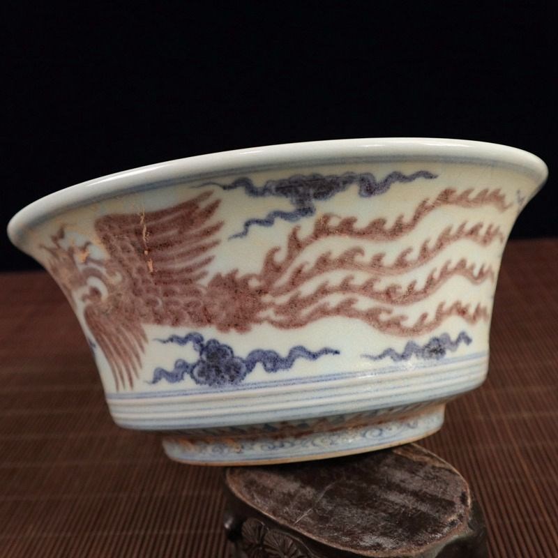 现货古玩复古工艺品青花瓷瓷器杂件双凤图纹大碗家居摆饰