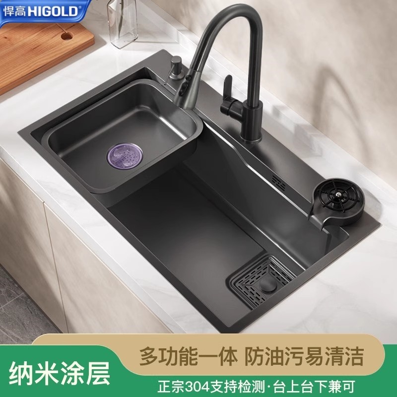 悍高纳米黑色水槽大单槽厨房SU304不锈钢手工洗菜盆洗碗池台下盆