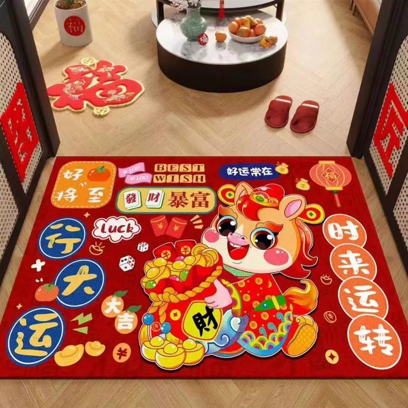 2026年马年卡通水晶绒红门