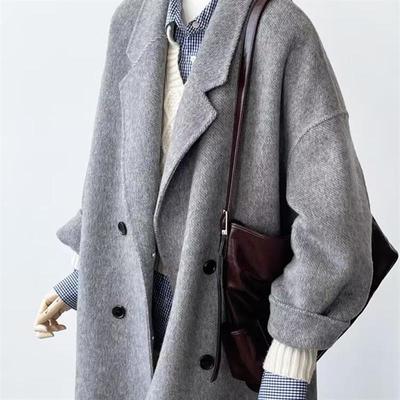 新品燕麦色双面羊绒大衣女