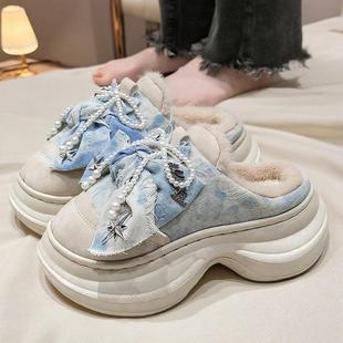 高跟蝴蝶结棉拖鞋女士冬季2025厚底室内家居防滑毛绒保暖棉拖