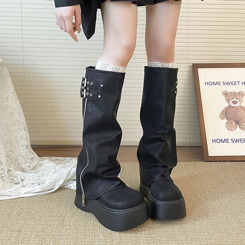 好货长筒靴子女2025秋季新款松糕厚底增高长靴不过膝小个子高筒裤