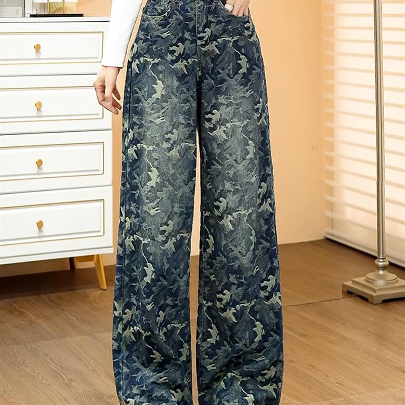 新品美式复古高街迷彩牛仔阔腿裤女春秋2025新款韩版垂感直筒拖地