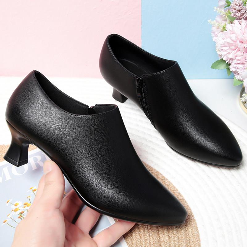好货秋冬季加绒深口细跟高跟鞋工作鞋女黑色皮鞋正装职业面试单鞋