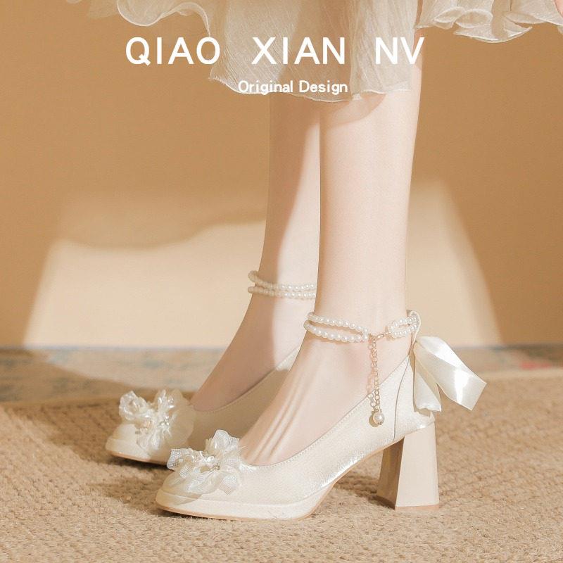 好货法式花朵高跟厚底配裙子不累主婚纱新娘鞋婚鞋女鞋玛丽珍单鞋