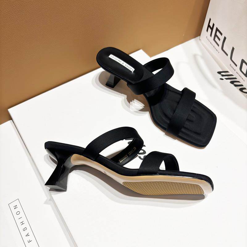 极速低跟凉鞋2026夏季新款时尚绸缎半拖露趾细跟高跟鞋简约方头一