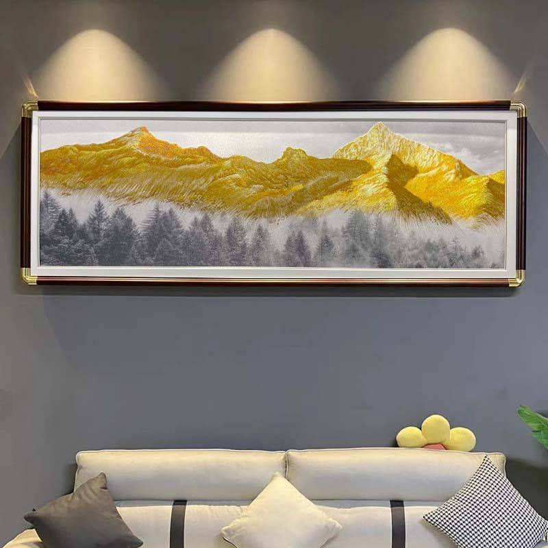 日照金山客厅沙发背景墙刺绣装饰画现代有山无水织锦苏绣壁画挂画图片