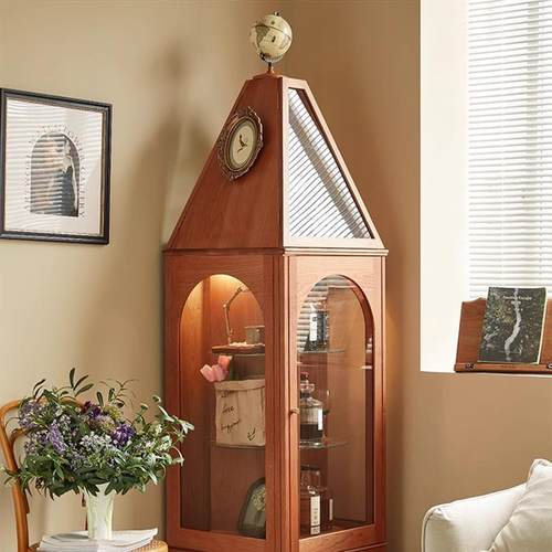 客厅家用陈列柜复古旋转书架书柜收纳柜转角柜实木中古手办展示柜