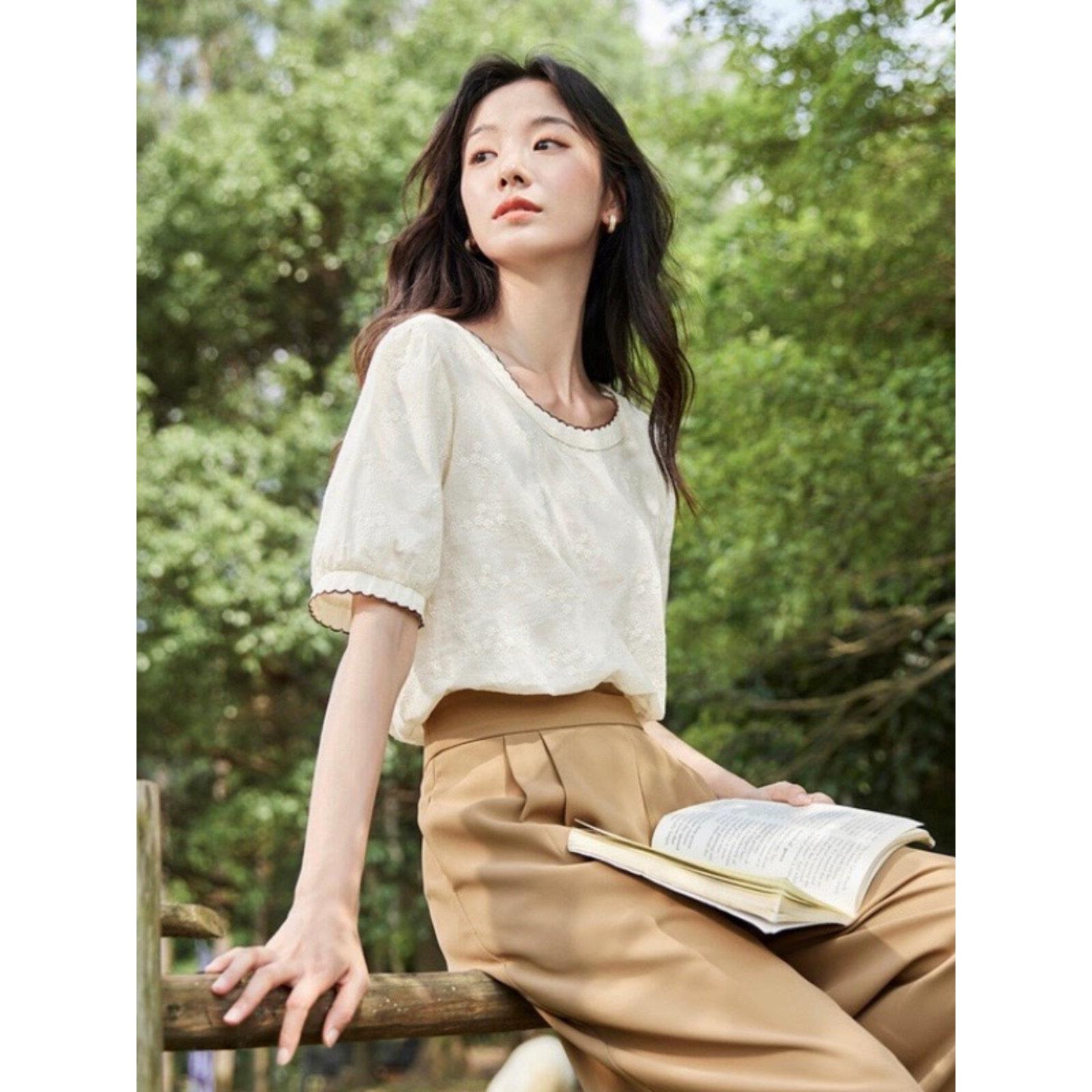 品牌剪标休闲撞色圆领短袖衬衣女2026年夏季新款宽松纯棉衬衫上衣