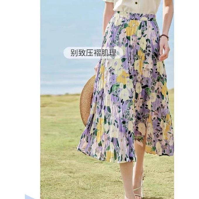 品牌剪标复古压褶碎花裙2026夏季新款松紧腰显瘦气质开叉半身裙子