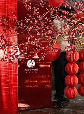 新潮中国年福字红色灯笼新年场景布置挂饰西瓜蜂窝立柱灯笼串套装