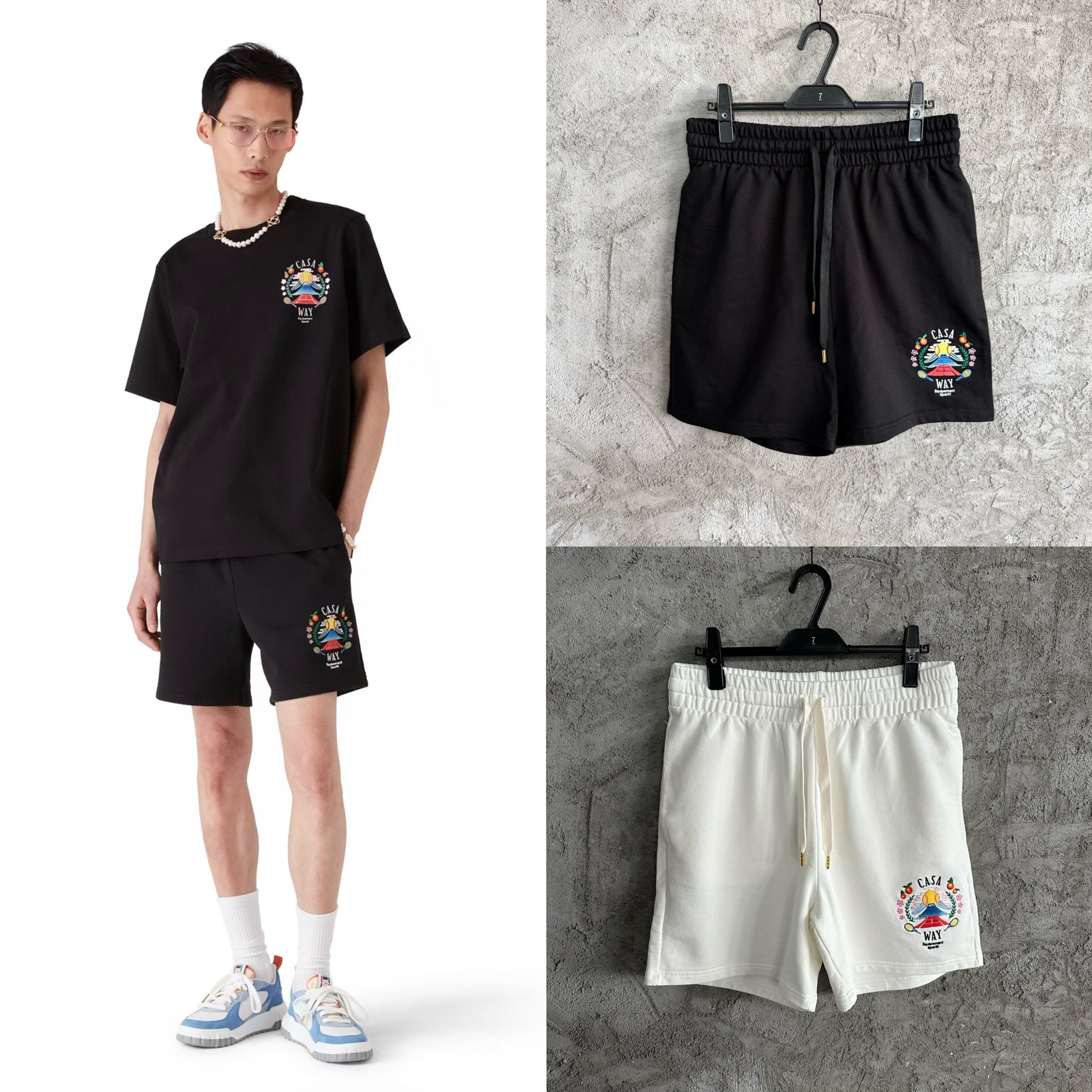 CASA新款网球刺绣休闲宽松抽绳纯棉男女同款时尚运动百搭舒适短裤