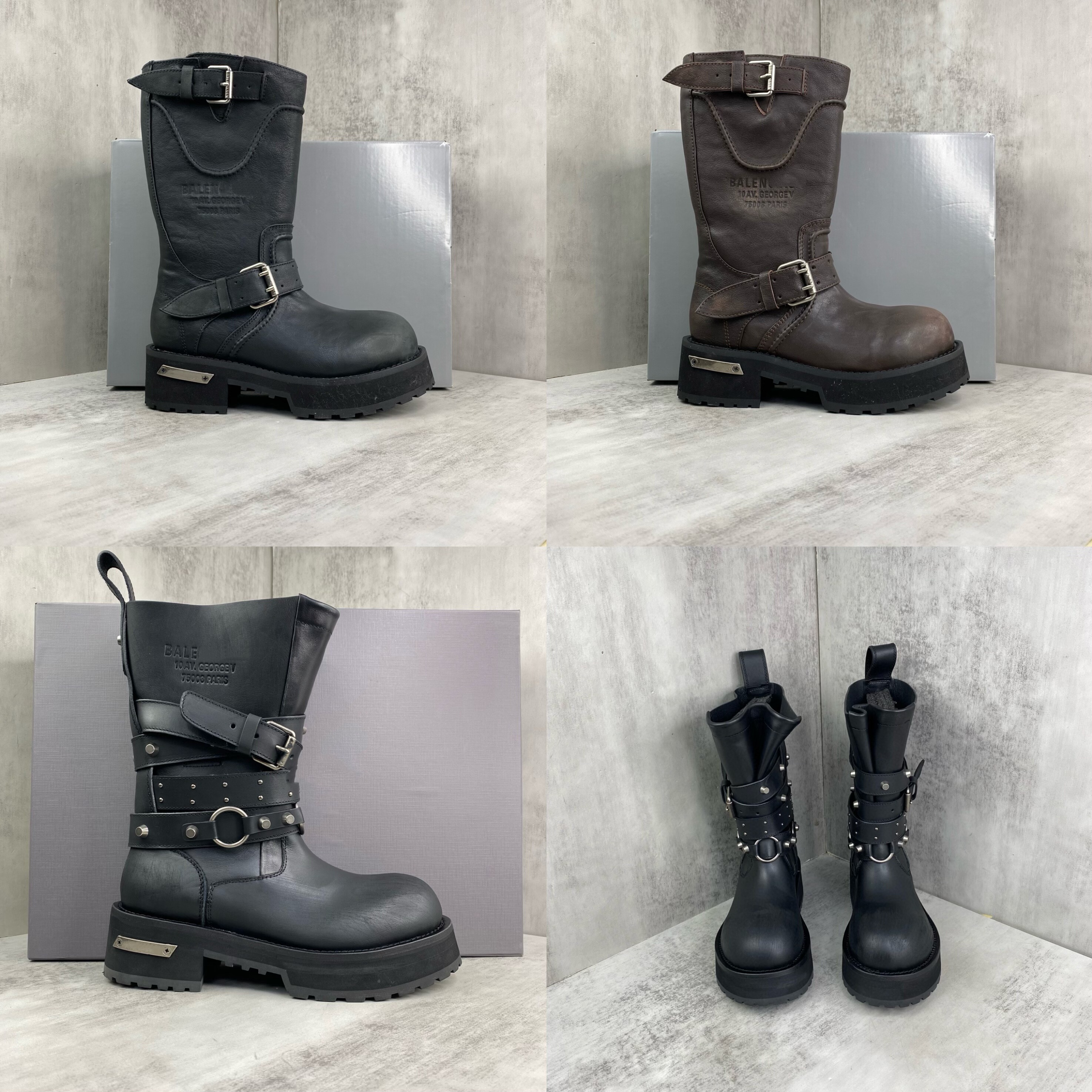 巴黎风新款真皮铆钉暗黑复古毒液机车靴厚底增高男女款时尚中筒靴