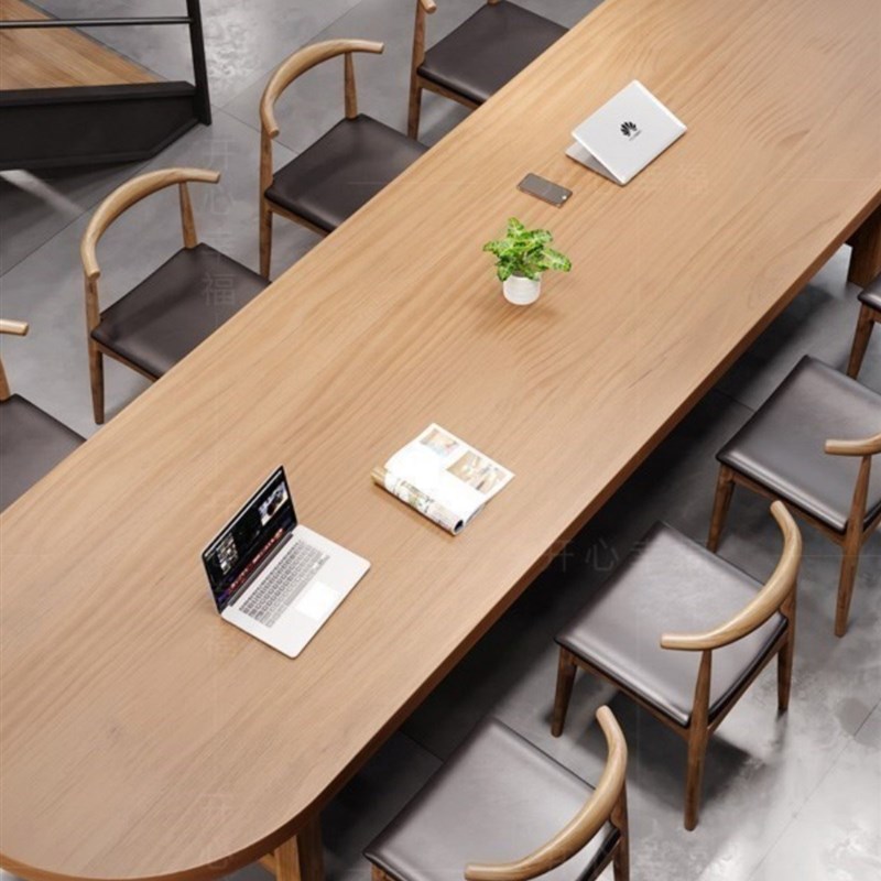 椭圆形实木大板会议桌长条桌工业风大桌子原木长桌办公餐桌椅组合