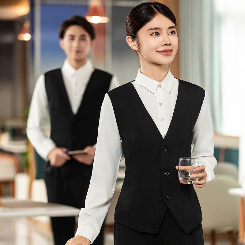 饭店服务员工作服长袖假两t件马甲衬衣奶茶西餐咖啡前台火锅春秋