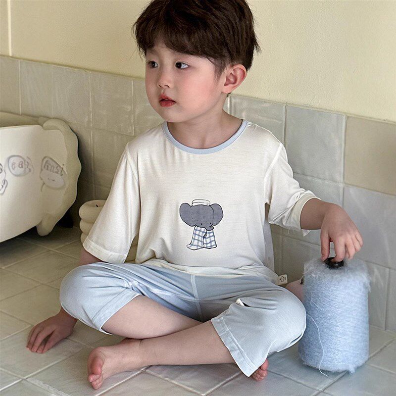 儿童睡衣男孩夏季薄款2025新款冰丝a类七分袖套装男童宝宝空调服