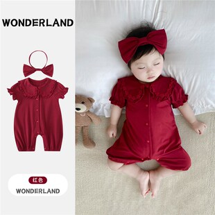 新生婴儿连体衣夏季纯棉女宝宝衣服夏装满月百天红色哈衣外出爬服
