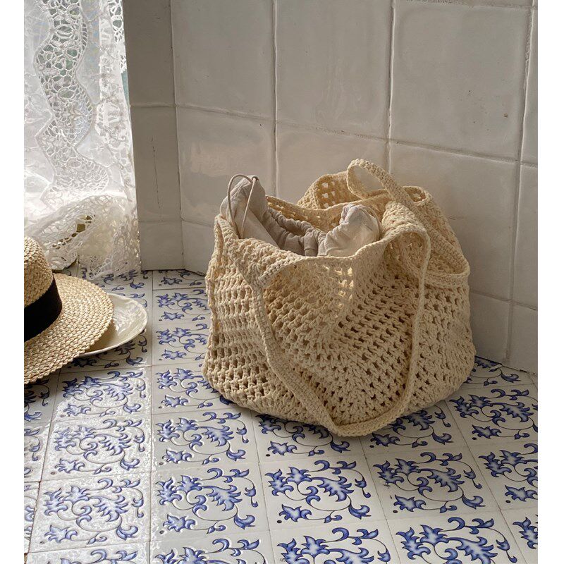新款大容量草编包海边度假沙滩编织包包女镂空法式针织袋海岛草包
