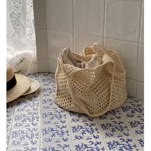 新款 针织袋海岛草包 大容量草编包海边度假沙滩编织包包女镂空法式
