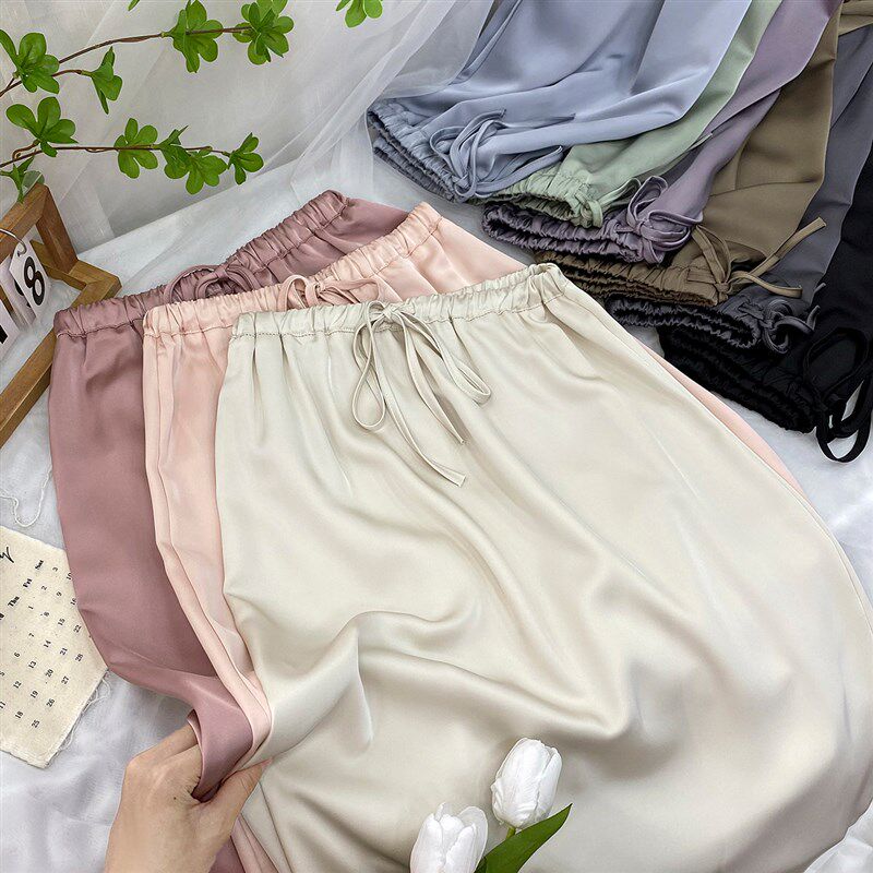 抽绳复古冰丝缎面醋酸高级感半身裙女夏中长款垂感遮胯a字伞裙子