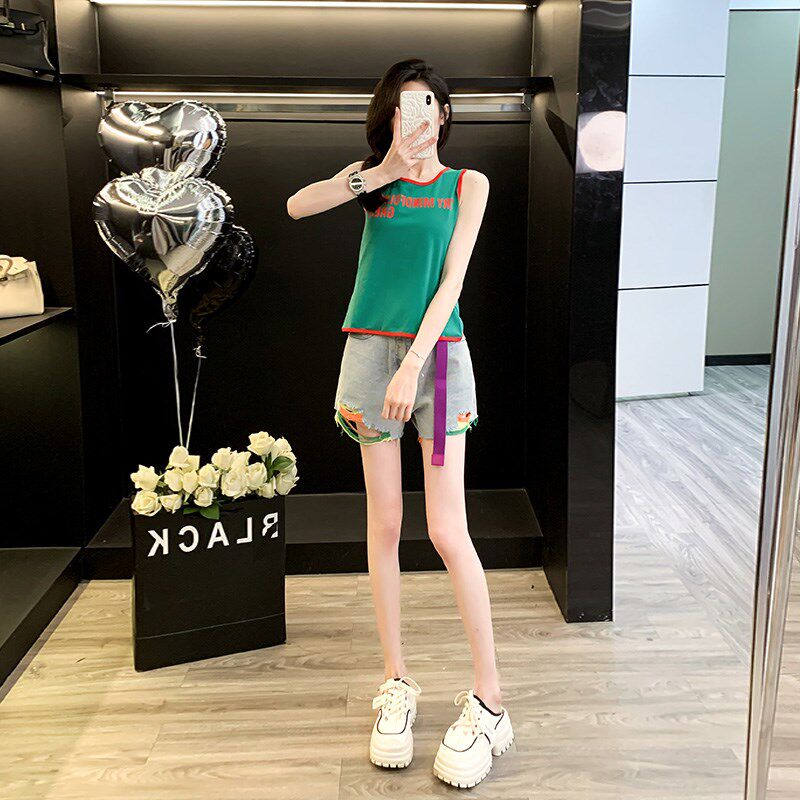 撞色短款背心无袖t恤女夏季新款设计感休闲宽松不规则辣妹上衣潮