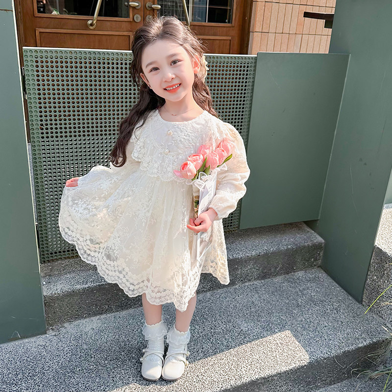 女童春装连衣裙2024新款小童洋气女宝宝裙子春秋款儿童蕾丝公主裙