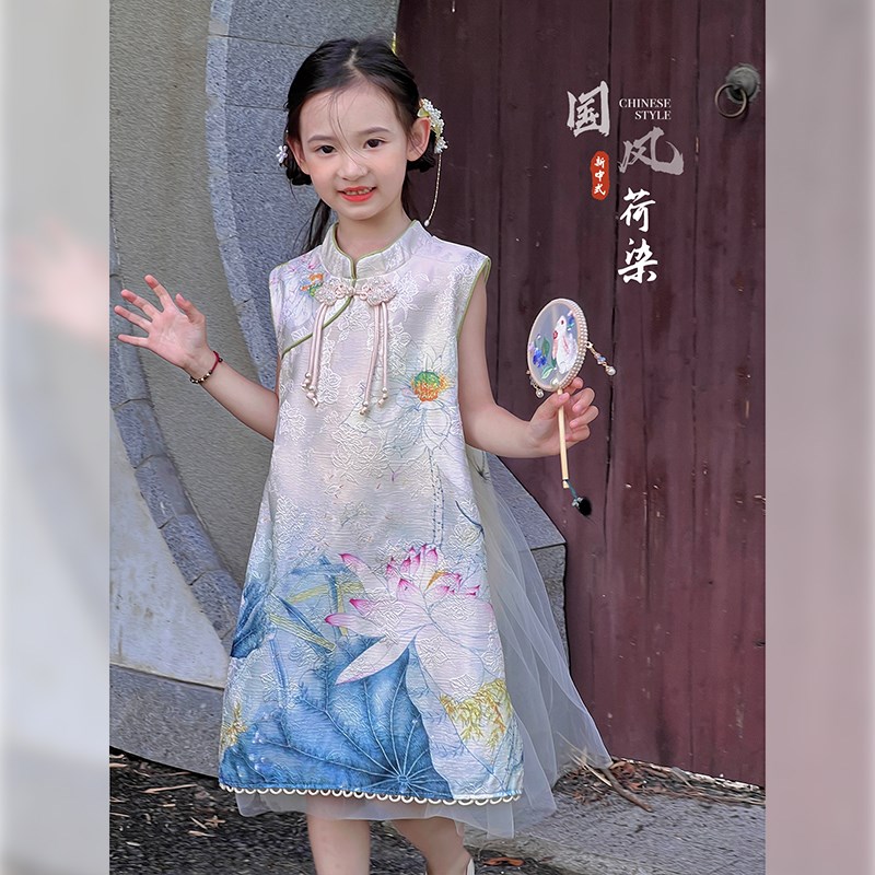女童旗袍2025夏季新款儿童裙子新中式无袖连衣裙国风长裙演出服