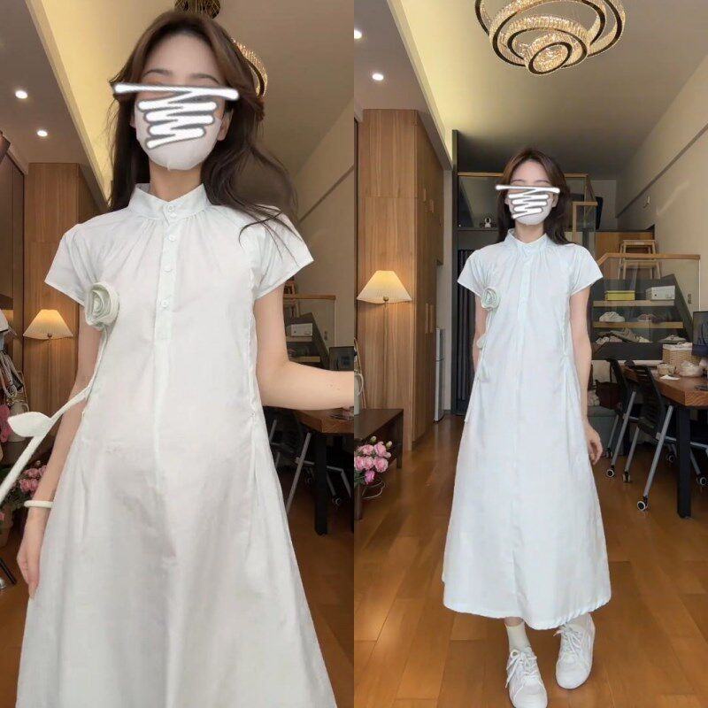 孕妇装2024新款设计感短袖中长款立体花朵外穿侧拉链可哺乳连衣裙