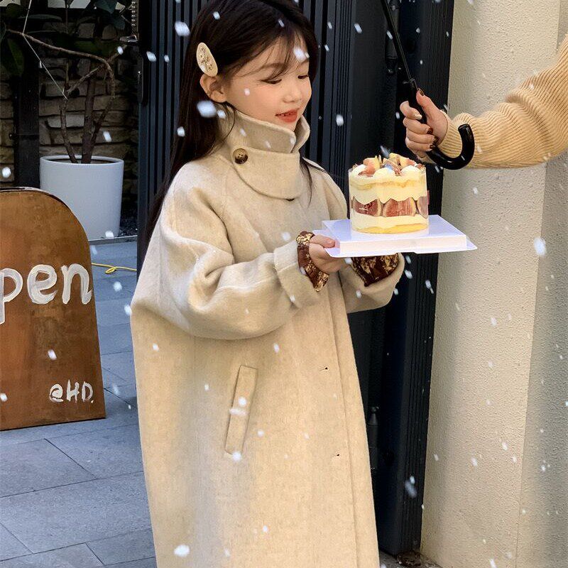 韩国童装女童双面羊绒大衣中长款2024新款儿童冬款纯色羊毛呢大衣