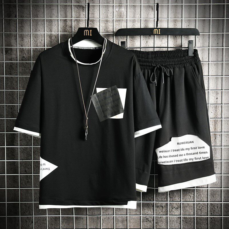 休闲运动套装男夏加肥加大码潮牌胖子假两件短袖短裤搭配帅气一套