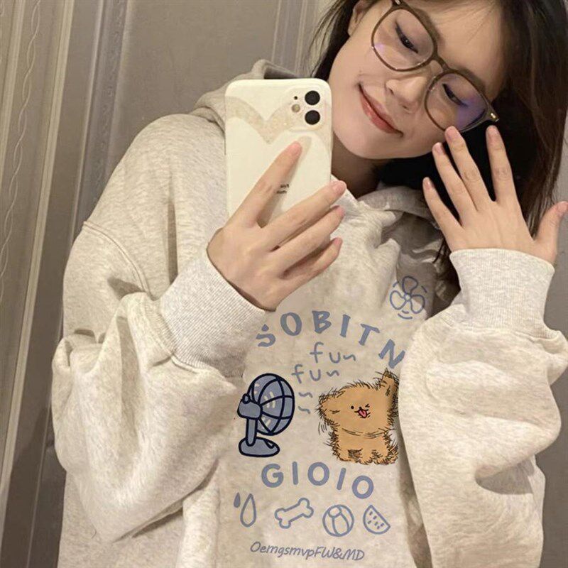 纯棉卫衣女2024新款爆款春秋冬薄款连帽美式慵懒宽松灰色加绒加厚