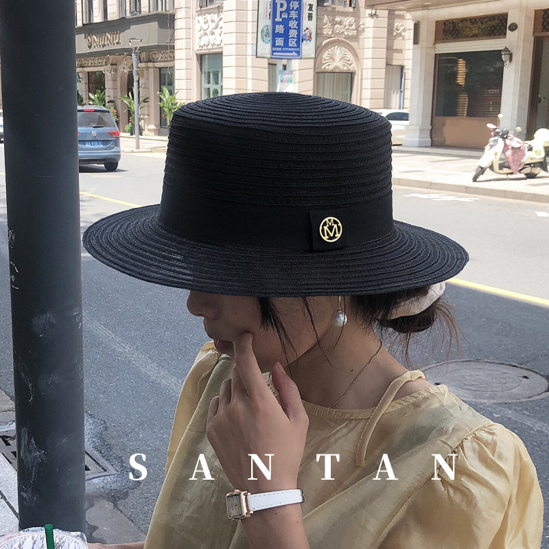 黑色小檐平顶帽女时尚英伦气质太阳帽夏季 遮阳平顶礼帽旅游度假