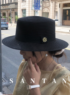 黑色小檐平顶帽女时尚英伦气质太阳帽夏季 遮阳平顶礼帽旅游度假