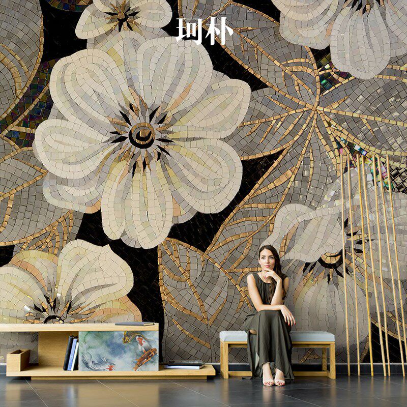 美式复古古典壁纸轻奢金色电视背景墙手绘定制图案前台客厅墙壁布