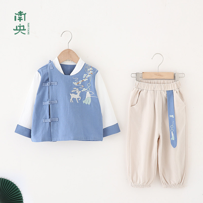 汉服男童长袖套装儿童唐装中国风童装国学服装长袖两件套刺绣古风