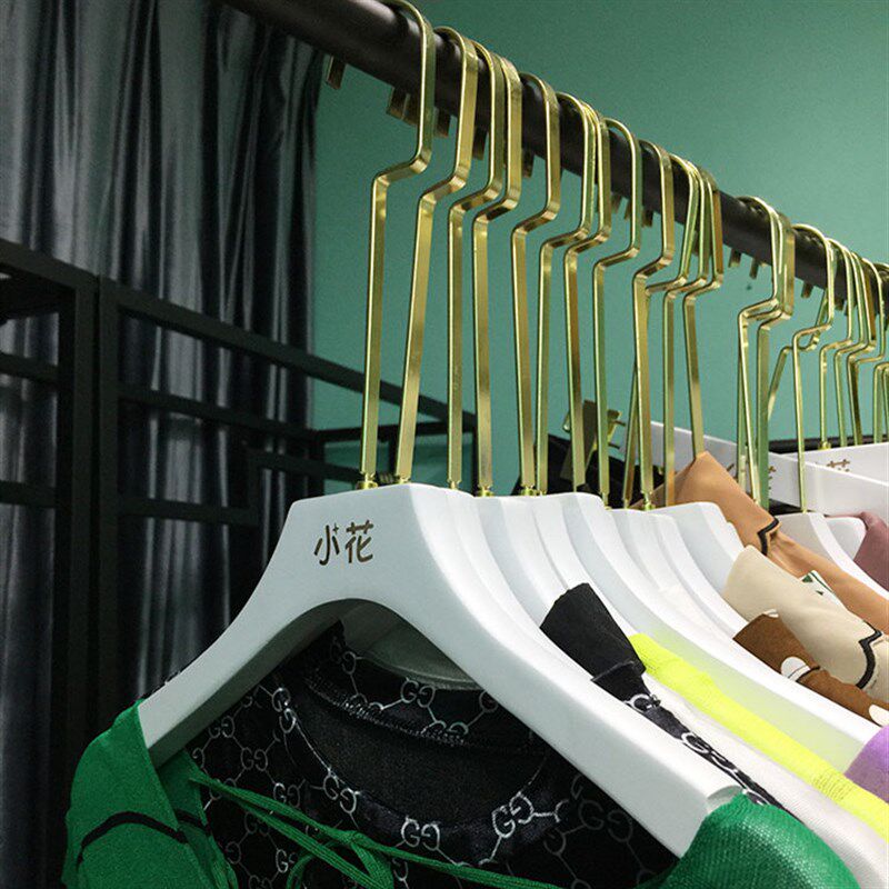 防滑纯白色实木衣撑服装店成人裤夹子金色挂钩植绒衣架刻字定制