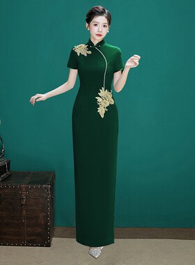 走秀旗袍中国风复古长款台演出服中年妈妈修身显瘦高端刺绣连衣裙