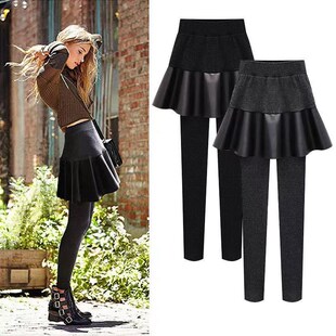 PU皮假两件一体打底裤裙女冬季外穿胖mm高腰大码加绒加厚半身裙裤