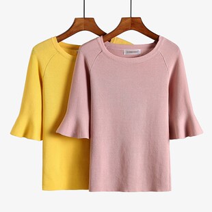 春秋冰丝T恤女中袖针织半袖上衣大码宽松短款打底衫喇叭袖夏薄款