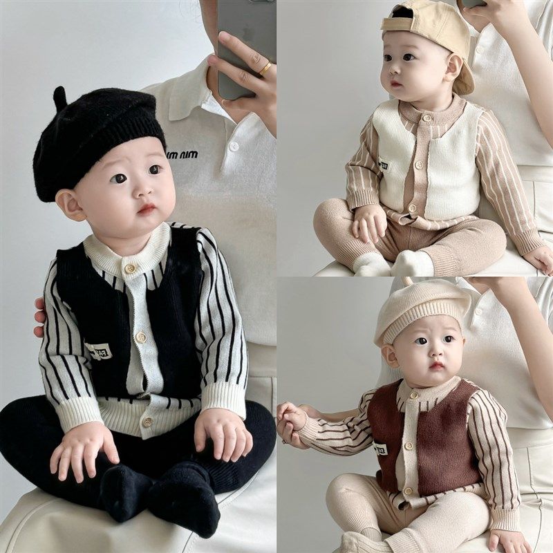 婴儿衣服春秋男宝宝假两件开衫毛衣外套针织长裤帅气套装外出服潮