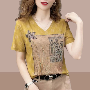 V领遮肚子大码 新款 中年妈妈洋气显瘦上衣 t恤女士2024夏装 纯棉短袖