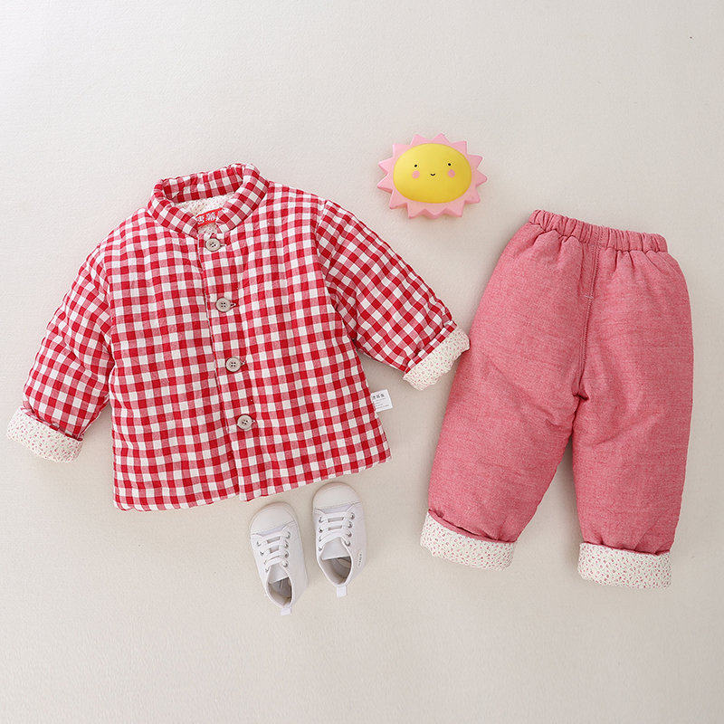 宝宝手工棉衣棉裤男女童棉花棉袄套校服神器小童格子棉服内胆套装