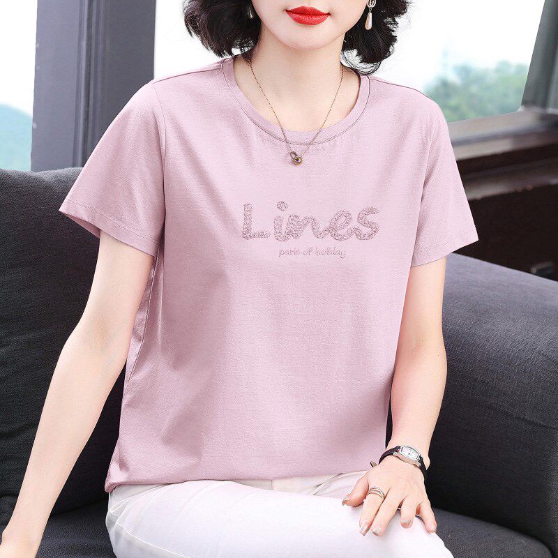 妈妈短袖t恤女 新款2025夏装纯棉体恤半袖小衫中老年洋气大码上衣