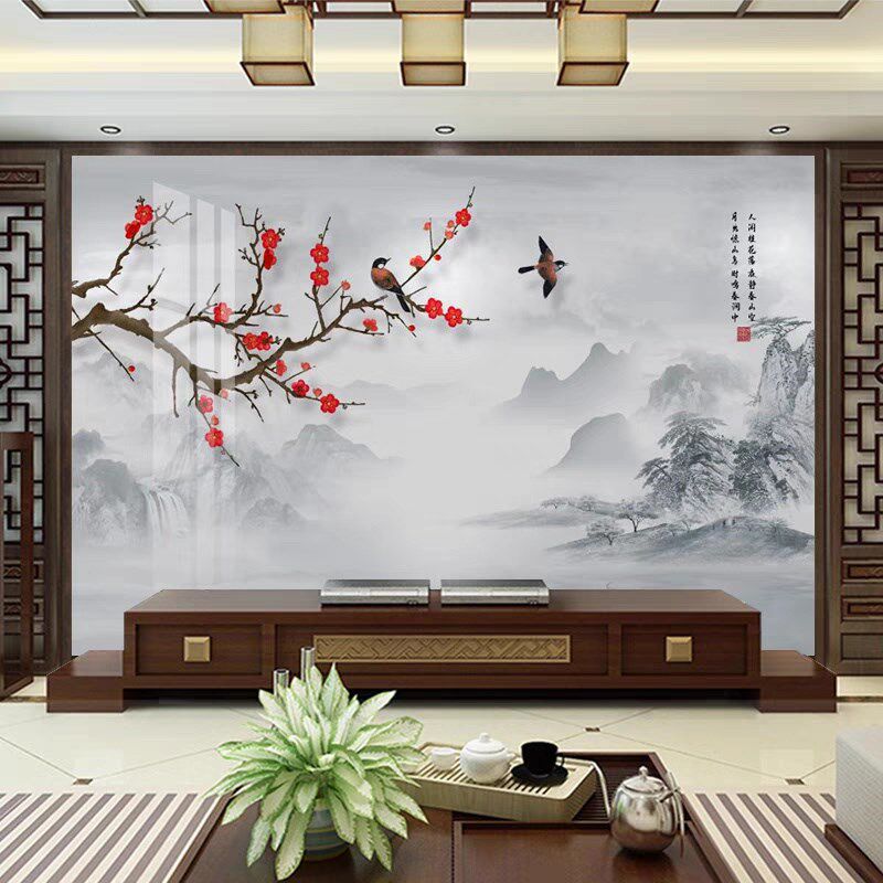 8d立体新中式花鸟喜上眉梢壁画客厅电视背景墙布沙发壁纸影视壁布