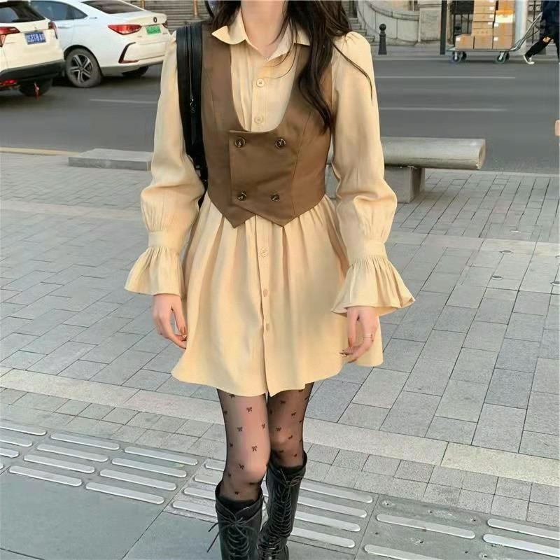 2024春秋新款复古马甲短外套+甜美修身显瘦连衣裙两件套潮套装女