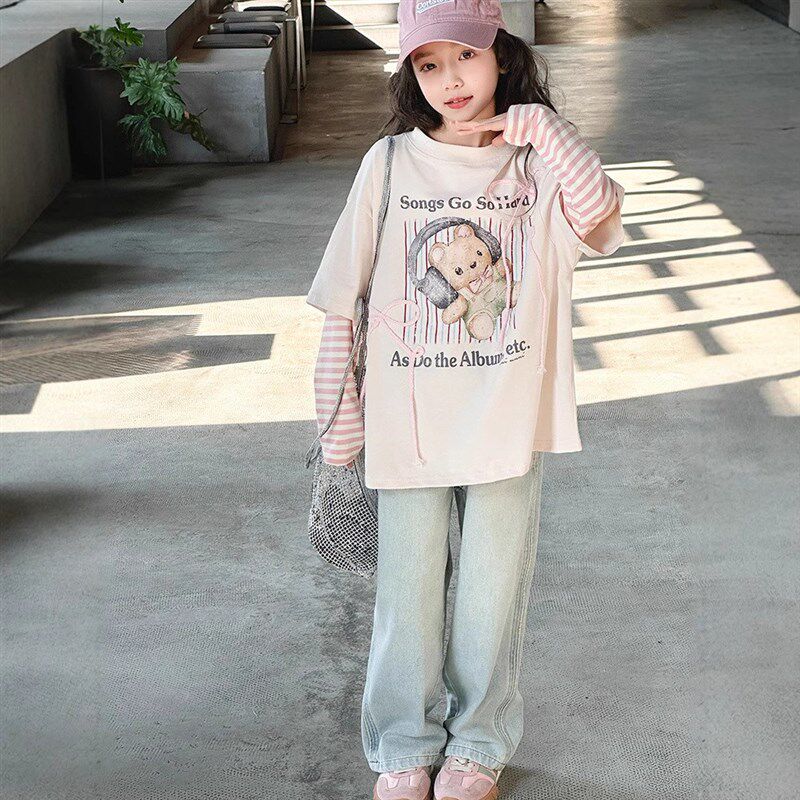 女童长袖t恤2025新款儿童春秋款洋气打底衫女大童春装假两件上衣