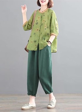 休闲棉麻套装女高端中年妈妈夏装洋气2025夏季新款短袖两件套
