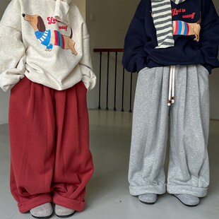 儿童裤子冬装男孩韩版加厚系绳直筒裤男童女童宽松加绒休闲阔腿裤