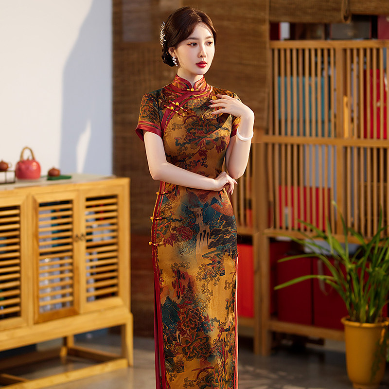 复古民国风老上海长旗袍2025年新款年轻款少女短袖印花中式连衣裙