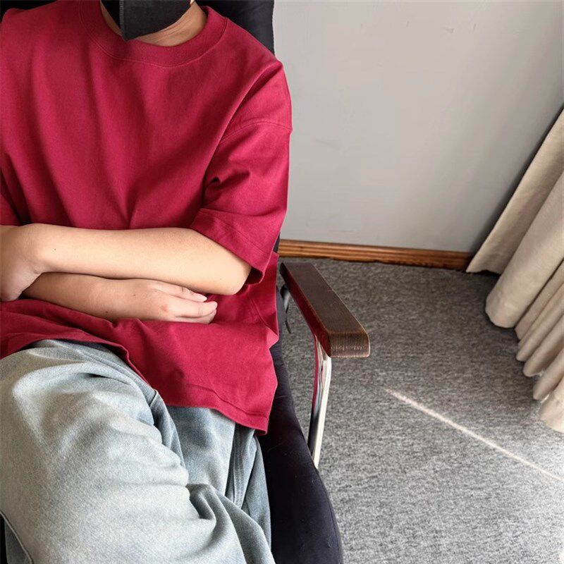 25夏季男女大童韩版青少年亲子宽松复古美式纯色短袖T恤上衣街舞